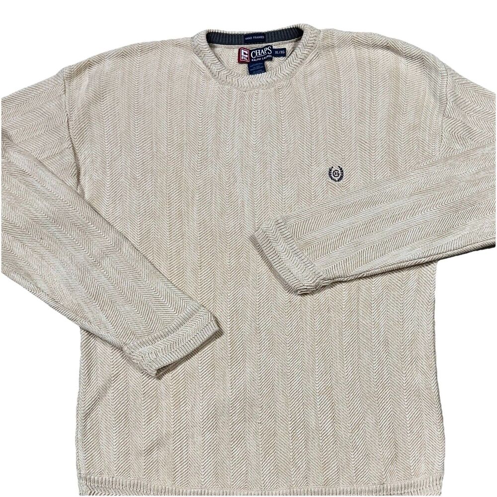 Chaps Ralph Lauren Mens XL Chunky Knit Sweater Pullover Crew Neck Cotton Cream